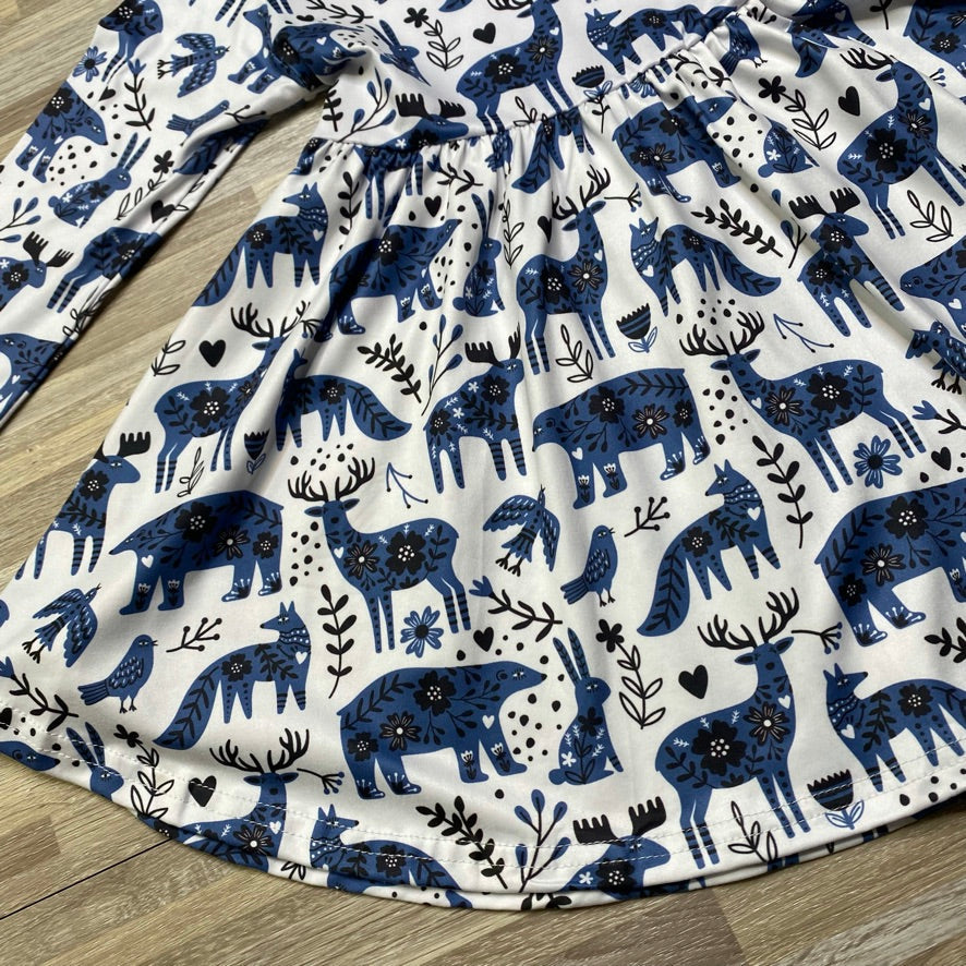 Indigo Forest Friends Twirly Dress (CC4907)-Dresses-ComfyCute by Sparkledots-sparkledots