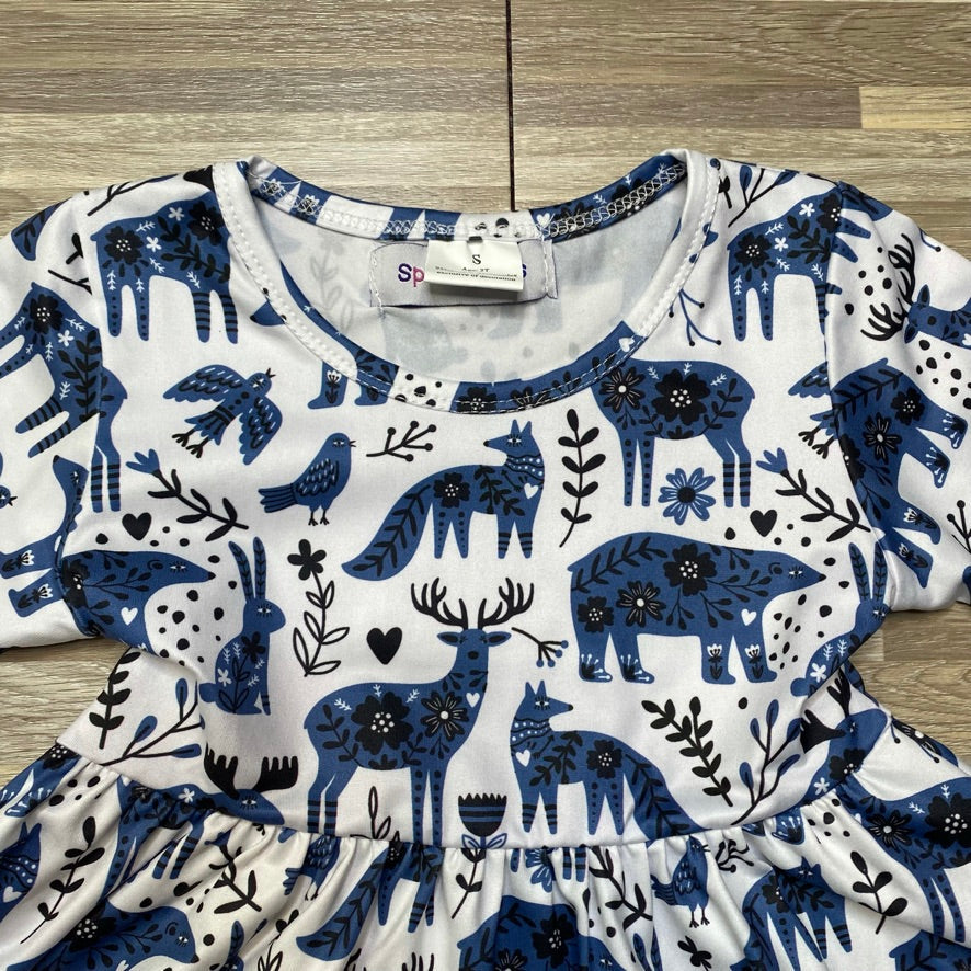 Indigo Forest Friends Twirly Dress (CC4907)-Dresses-ComfyCute by Sparkledots-sparkledots