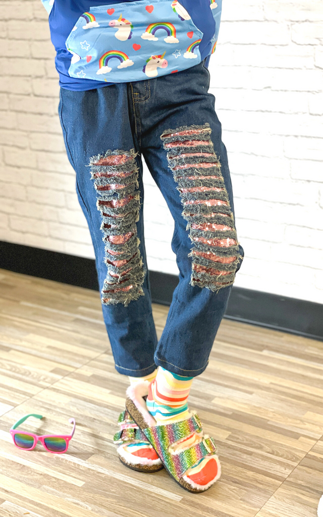 Sequin Distressed Denim - Pink (Adjustable Waist) (FSP1186)-ATPORTMIDSEPT-Sparkledots-sparkledots