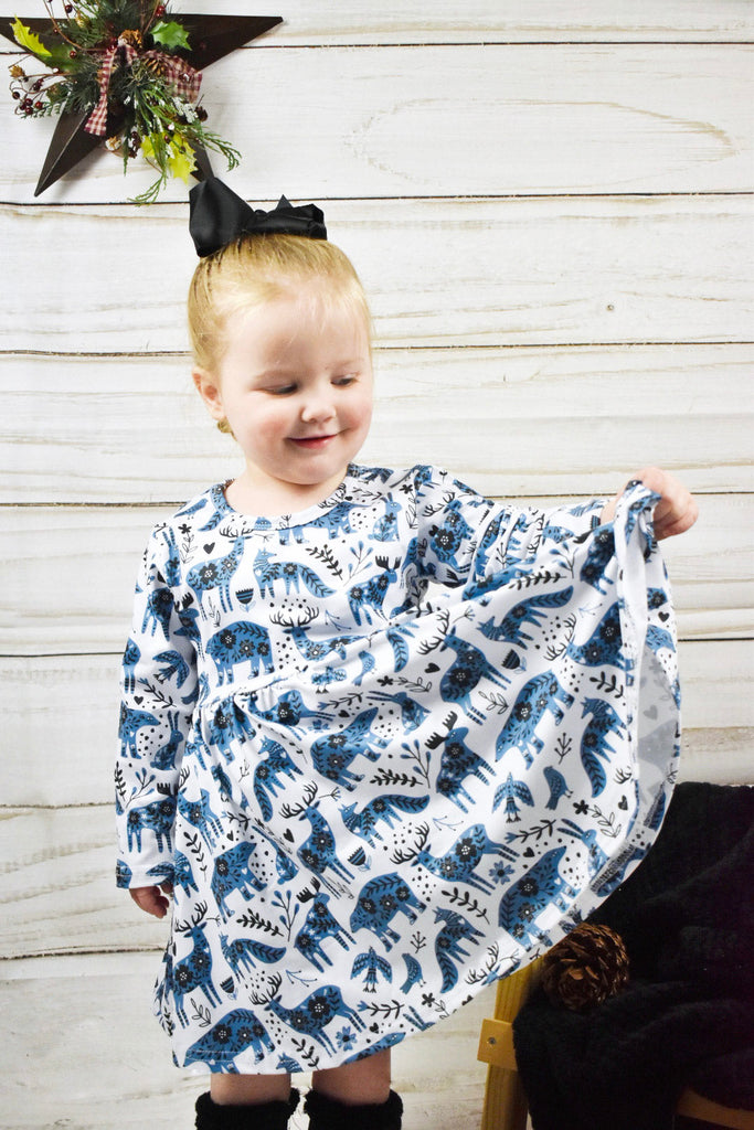 Indigo Forest Friends Twirly Dress (CC4907)-Dresses-ComfyCute by Sparkledots-sparkledots